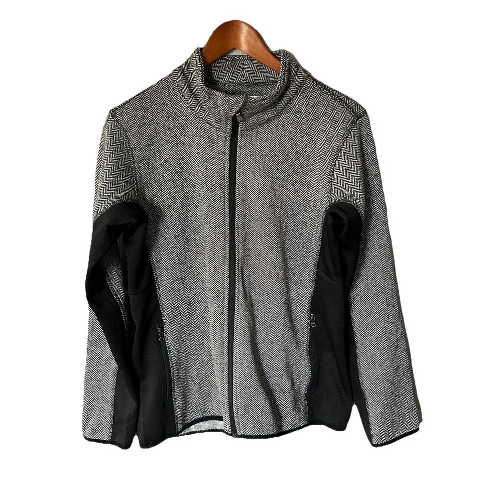 Andrew Marc Women Activewear Jacket M Gray Black Full Zip Mock Neck Fleece Knit